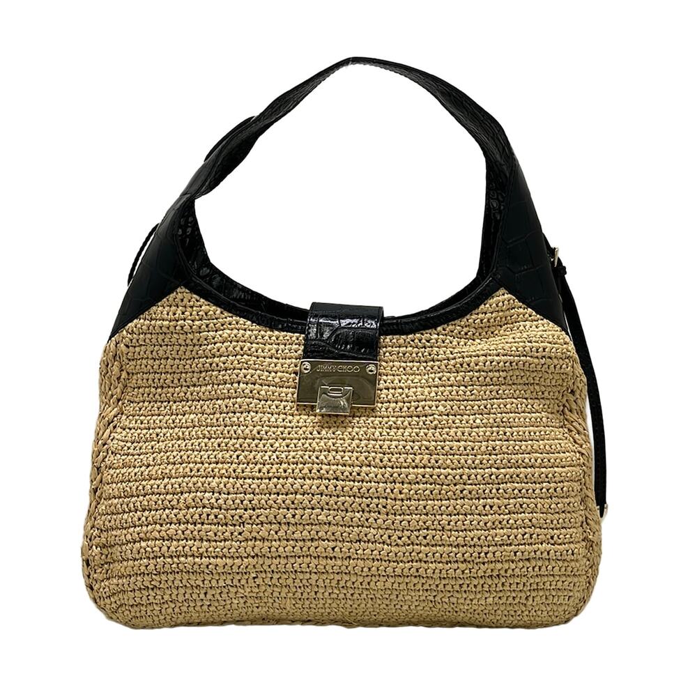 Jimmy Choo Shoulder Bag Beige Black Straw Leather